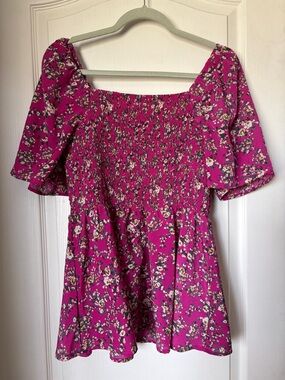 SHEIN Fuchsia Pink Floral Smocked Square-Neck Tunic